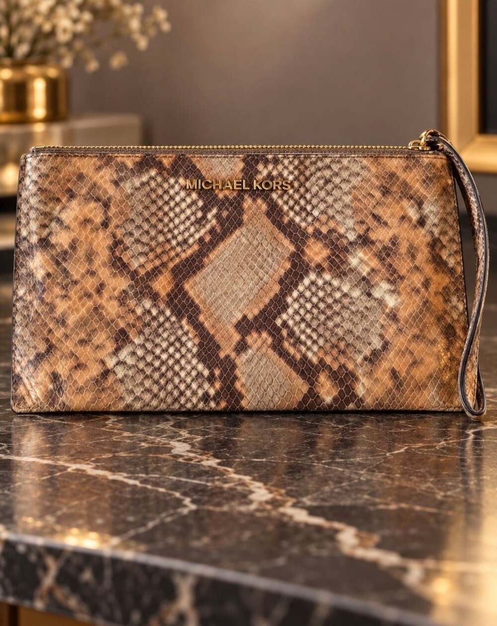 Michael Kors Jet Set Item Lg Zip Clutch Embossed Leather Peanut